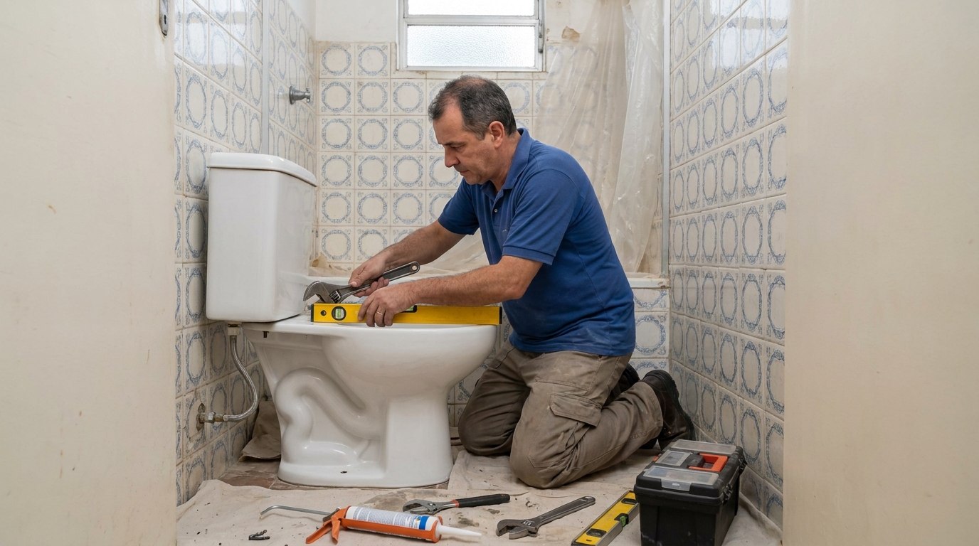 Técnico instalando vaso sanitário em Indaiatuba‑SP